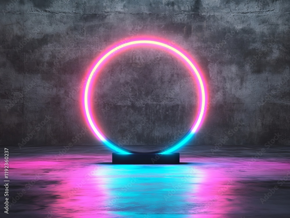 Poster colorful neon light ring in shape of o on black background with glowing lines and circular compositi