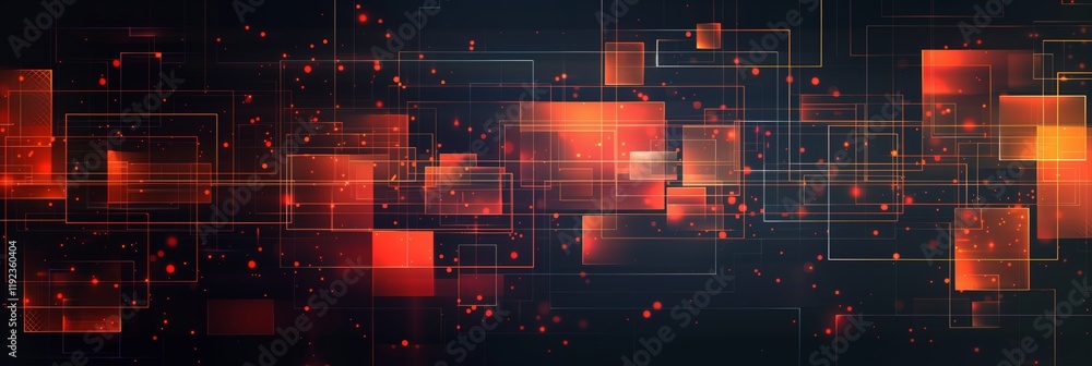 Aufkleber a dark background with orange and red geometric shapes, including squares and lines, arranged in an 