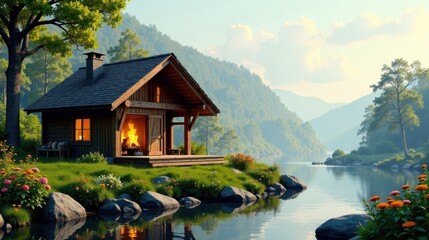 Fototapeta premium Secluded Wooden Cabin by Tranquil River with a Cozy Fireplace and Lush Greenery