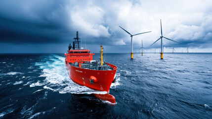 vibrant red ship navigating through stormy waters near offshore wind turbines