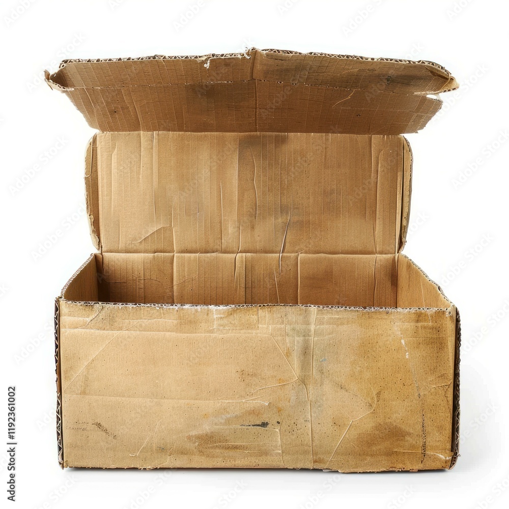 Poster old cardboard box opened and empty, isolated on white background