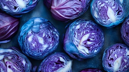 Fototapeta premium Halved Red Cabbages Arranged In A Close Up Shot
