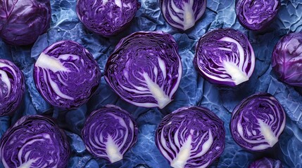 Obraz premium Red Cabbage Halves Arranged On Blue Background