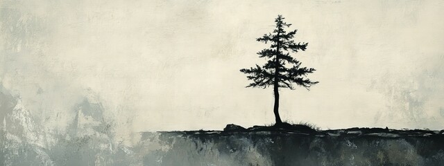 A minimalist abstract landscape with the silhouette of a tall tree, depicting the solitude of nature.