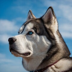 Obraz premium A Siberian Husky with striking blue eyes and a majestic posture on a soft sky-blue background.
