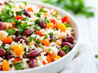 A vibrant rice and bean salad in a white bowl. Featuring a mix of colorful beans, rice, and fresh herbs. Highlighting a nutritious and refreshing meal. Ideal for healthy eating and vegetarian blogs.