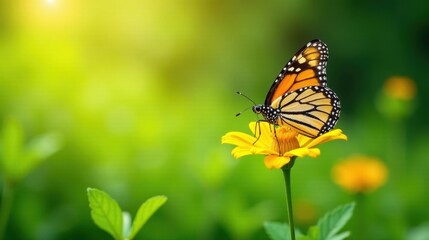 Obraz premium A vibrant butterfly delicately perched on a sunny yellow flower, amidst a lush green meadow bathed in soft sunlight, a serene scene of natural beauty.
