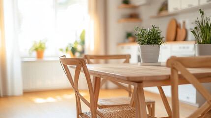 bright and airy kitchen featuring wooden dining table, stylish chairs, and potted plants, creating warm and inviting atmosphere for meals and gatherings
