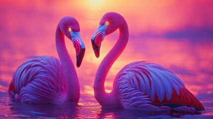 Fototapeta premium Flamingos in Love: A Vibrant Sunset Romance. Two pink flamingos gracefully float on tranquil water, their vibrant plumage reflecting the fiery sunset hues. 