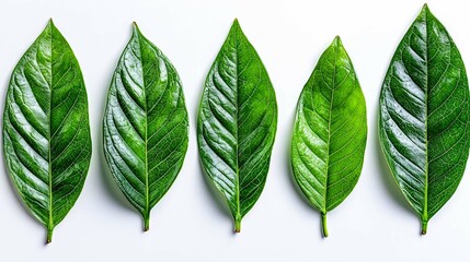 Obraz premium Five Lush Green Leaves on White Background: Nature, Botany, and Organic Textures