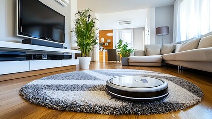 Robot vacuum cleaning modern living room rug