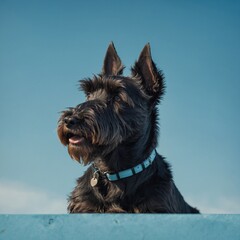 A Scottish Terrier with a well-groomed coat and proud stance on a minimalist sky-blue background.

