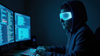 Photo of a hacker sits in front of a computer