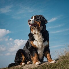 A fluffy Bernese Mountain Dog with a calm expression resting on a flat sky-blue background.

