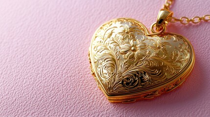 Elegant Gold Heart Shaped Locket Necklace with Intricate Floral Design on Pink Background