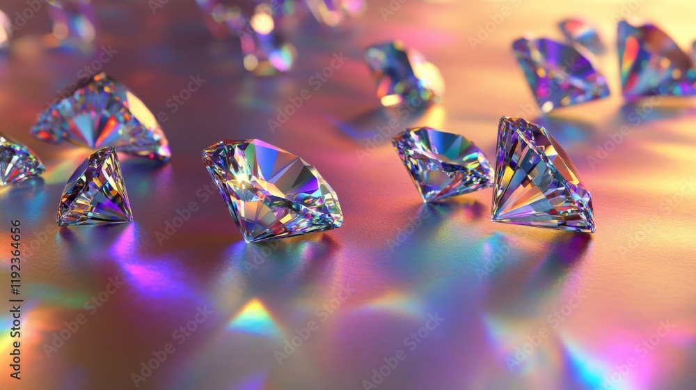 Poster diamonds scattered on a metallic background, their facets reflecting light in a dazzling array of ra