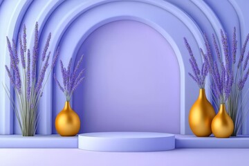 Minimalistic Lavender Background with Gold Vases and Purple Lavender Flowers, Empty Round Podium