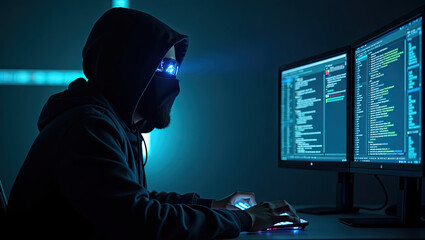 Photo of a hacker sits in front of a computer