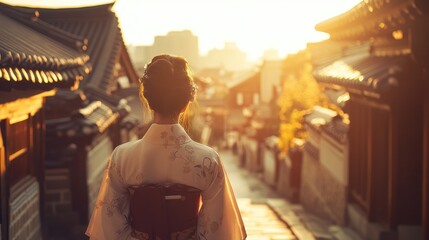 Obraz premium Back view of korean asian woman in traditional korean dress or hanbok dress walking in old palace in night with full moon, Seoul city, South Korea,copy space.