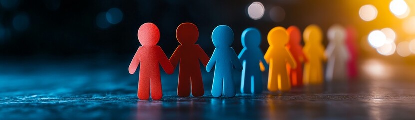 Colorful Paper People Holding Hands on Dark Blue Background with Bokeh Lights, Symbolizing Unity and Diversity
