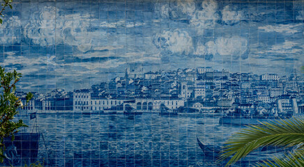 Ceramic glazed tiles, called Azulejos, presenting a historic view of Lisbon. Lisbon, Portugal