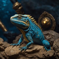 Obraz premium A blue and gold lizard sitting atop a piece of ancient treasure in a pirate's cave.