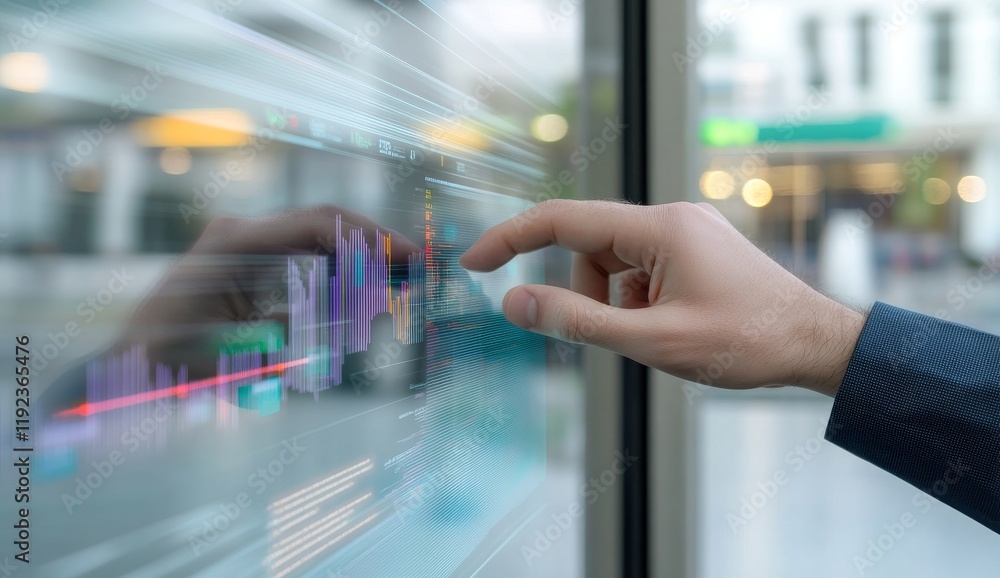 Poster close-up of hand touching digital screen with colorful bars and lines, computer server rack in backg