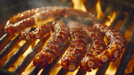 Perfectly grilled octopus tentacles on a charcoal grill, with glowing embers and a golden-brown finish, surrounded by light smoke and grill marks
