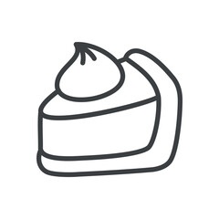 Cute pumpkin pie icon. Hand drawn monochrome illustration of a piece of cake with cream isolated on a white background. Kawaii Thanksgiving day sticker. Vector 10 EPS.
