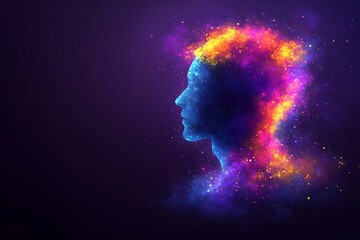 A vibrant, cosmic portrait of a human head, created with glowing particles and nebula-like effects, a digital art masterpiece.