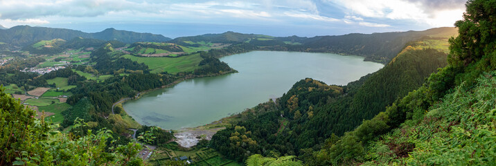 View from the observation deck of Pico do Ferro over Furnas lake on San Miguel Island, Azores
