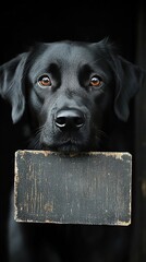 Black Lab holds blank sign in dark doorway