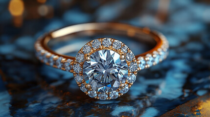 Fototapeta premium Beautiful engagement ring displayed on a textured surface with sparkling diamonds and gold band