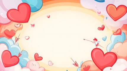 Vibrant Cartoon-Style Valentine's Day Frame with Cupids and Heart Clouds