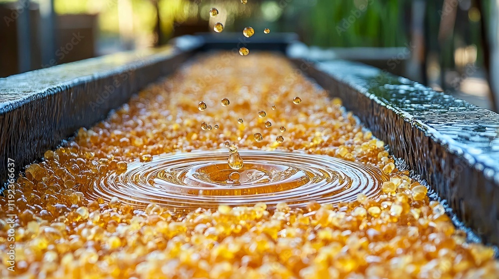 Poster golden ripples: a captivating macro view of water droplets falling onto a smooth surface, creating m