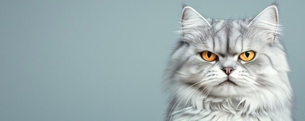 Fototapeta premium Persian cat idea. A majestic silver Persian cat with striking yellow eyes.