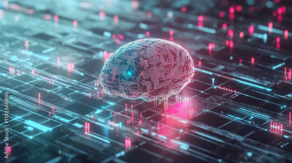 Poster a digital brain with glowing circuits, illustrating artificial intelligence's role in cybersecurity,