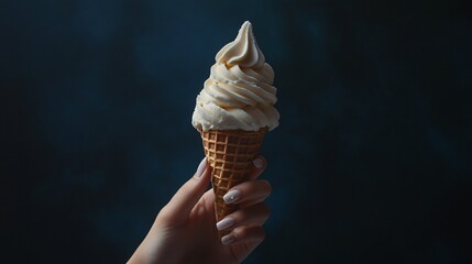 Hand Holding Soft Serve Ice Cream Cone Against Dark Background