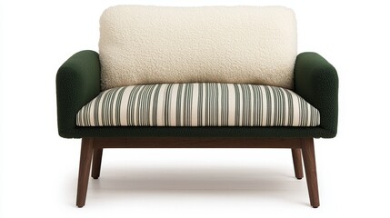 Fototapeta premium Patio furniture seating and minimal, A stylish two-toned armchair featuring a plush seat, green arms, and striped upholstery, perfect for modern living spaces.