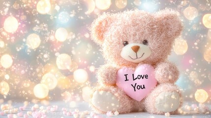 Fototapeta premium Adorable Pink Teddy Bear Holding Heart Valentine s Day Romantic Soft Plush Toy