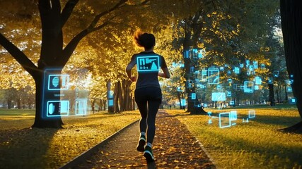 Woman jogging in park with digital data overlay. - Powered by Adobe
