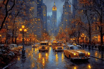 Naklejka premium Rainy evening in New York City with classic cars and buses on a wet street illuminated by streetlights.
