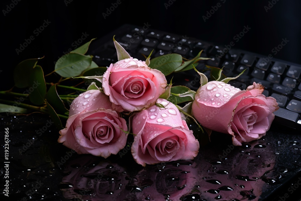 Poster four pink roses with water drops are lying on a black reflective surface with a computer keyboard in