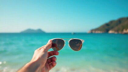 Hand holding sunglasses, overlooking tranquil sea , seascape, sunrise, peaceful