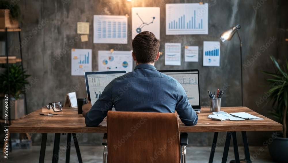 Poster man at desk surrounded by charts and graphs showing business growth
