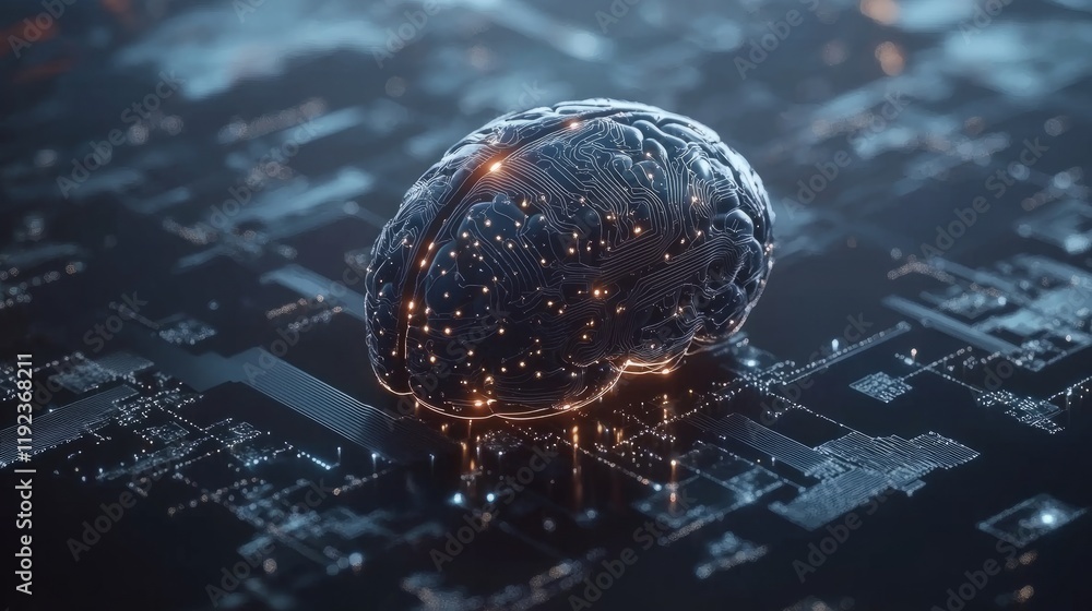 Poster a high-tech digital brain with neural circuits, representing artificial intelligence's role in cyber