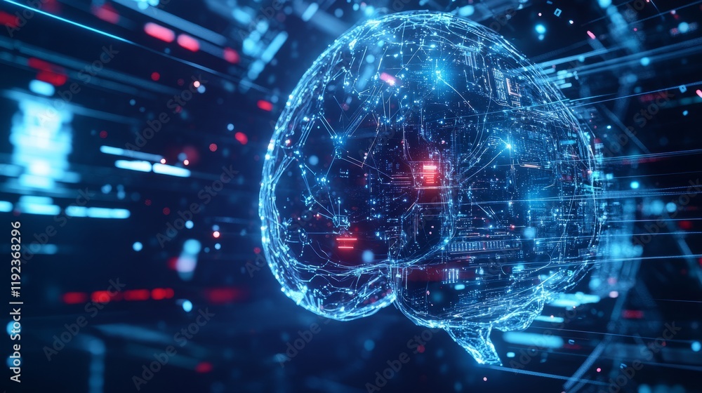 Poster a high-tech digital brain with neural circuits, representing artificial intelligence's role in cyber