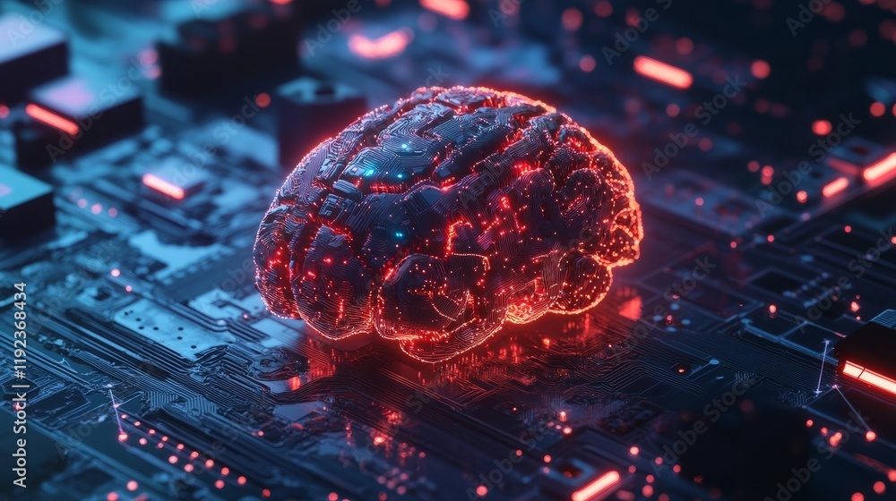 Poster a visual representation of ai in cybersecurity featuring a digital brain with intricate circuitry, s