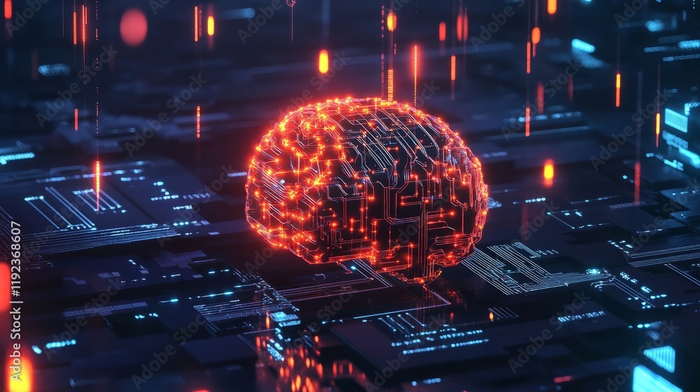 Poster a visual representation of ai in cybersecurity featuring a digital brain with intricate circuitry, s
