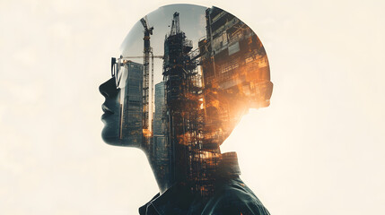 Future building construction engineering project devotion with double exposure graphic design. Building engineer, architect people or construction worker working with modern civil teamwork